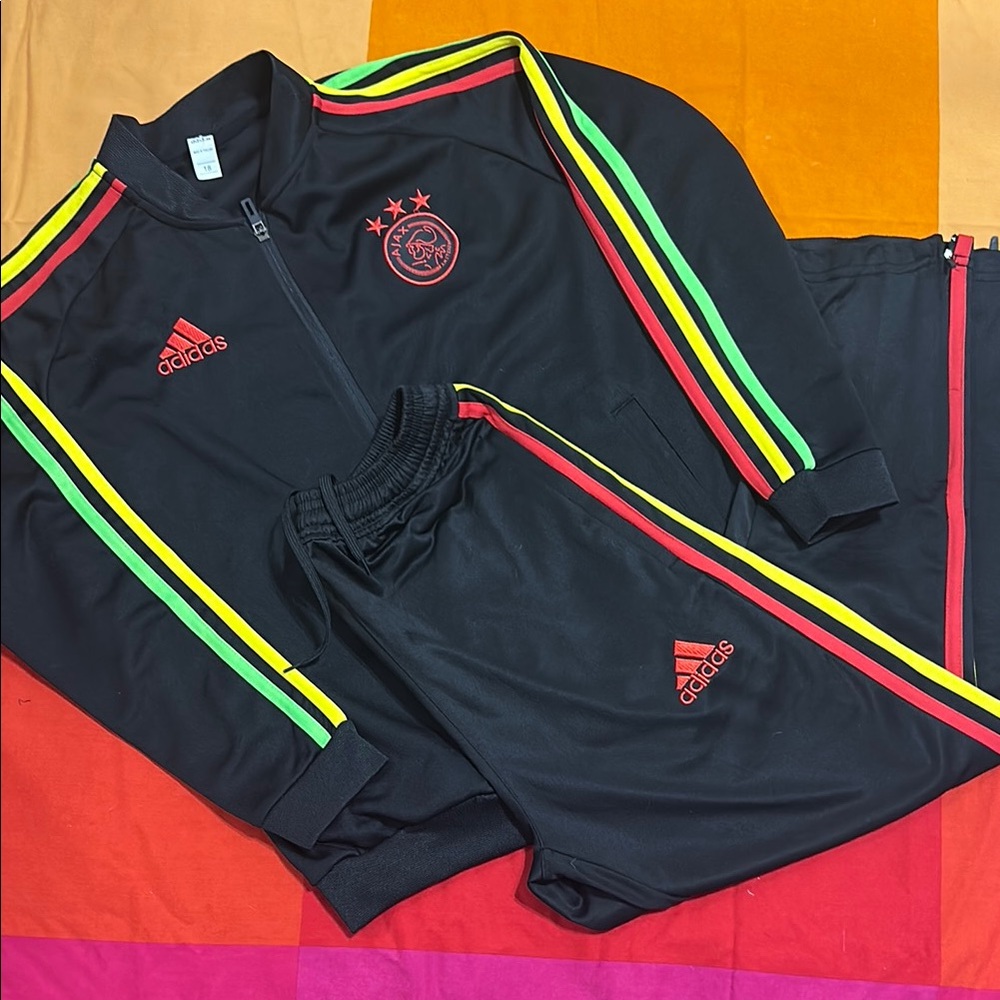 Adidas Black Tracksuit with Red, Green, and Yellow Accents